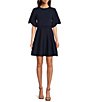 Color:Navy - Image 1 - Oliviha Ribbed Knit Crew Neck Short Flutter Sleeve Fit and Flare Dress