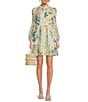 Color:Ivory - Image 1 - Tealan Linen Floral Print Ladder Lace Trim High Neck Side Pocket Long Sleeve Mini Dress
