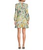 Color:Ivory - Image 2 - Tealan Linen Floral Print Ladder Lace Trim High Neck Side Pocket Long Sleeve Mini Dress