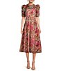 Color:Pink - Image 1 - Woven Tencel Painted Floral Print Round Neck Short Puff Sleeve Midi A-Line Dress