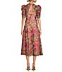 Color:Pink - Image 2 - Woven Tencel Painted Floral Print Round Neck Short Puff Sleeve Midi A-Line Dress