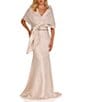 Color:Champagne - Image 1 - Brocade Twisted Short Sleeve Beaded Waist Mermaid Gown