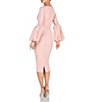 Color:Blush - Image 2 - Crepe V-Neck Long Puff Statement Sleeve Embellished Feather Trim Sheath Midi Dress