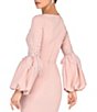 Color:Blush - Image 4 - Crepe V-Neck Long Puff Statement Sleeve Embellished Feather Trim Sheath Midi Dress
