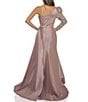 Color:Rose - Image 2 - Embroidered Mikado Feather Shoulder One Long Sleeve Front Slit Gown