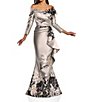 Color:Silver Black - Image 1 - Jacquard Floral Off-the-Shoulder Long Sleeve Side Ruffle Feather Gown