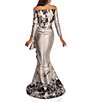 Color:Silver Black - Image 2 - Jacquard Floral Off-the-Shoulder Long Sleeve Side Ruffle Feather Gown
