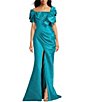 Color:Turquoise - Image 1 - Mikado Ruffle Off the Shoulder Bow Front Short Sleeve Mermaid Gown