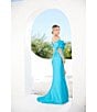 Color:Turquoise - Image 4 - Mikado Ruffle Off the Shoulder Bow Front Short Sleeve Mermaid Gown