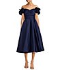 Color:Navy - Image 1 - Satin Off the Shoulder Ruffle Cap Sleeve Fit and Flare Midi Dress