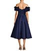 Color:Navy - Image 2 - Satin Off the Shoulder Ruffle Cap Sleeve Fit and Flare Midi Dress