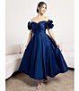 Color:Navy - Image 4 - Satin Off the Shoulder Ruffle Cap Sleeve Fit and Flare Midi Dress