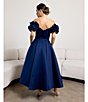 Color:Navy - Image 5 - Satin Off the Shoulder Ruffle Cap Sleeve Fit and Flare Midi Dress