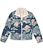 Color:Cave Blue Highball Waves Print - Image 1 - Little/Big Girls 6-16 Long Sleeve Reversible Mossbud Fleece Jacket