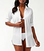 Color:White - Image 1 - Crinkle Cotton Point Collar Long Roll-Tab Sleeve Boyfriend Swim Cover Up Shirt