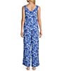 Color:White/Blue Floral - Image 2 - Floral Print Sleeveless V-Neck Woven Pajama Set