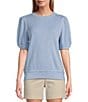 Color:Light Sky - Image 1 - Tobago Bay Embroidered Crew Neck Short Puff Sleeve Contrast Stitch Top