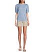 Color:Light Sky - Image 3 - Tobago Bay Embroidered Crew Neck Short Puff Sleeve Contrast Stitch Top