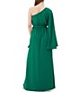 Color:Emerald - Image 2 - Amida Woven Asymmetrical One-Shoulder Long Draped Sleeve Belted Maxi Dress