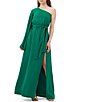 Color:Emerald - Image 3 - Amida Woven Asymmetrical One-Shoulder Long Draped Sleeve Belted Maxi Dress