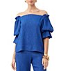 Color:Admiral Blue - Image 1 - Antu Off-The-Shoulder Tiered Elbow Bell Sleeve Top