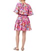 Color:Multi - Image 2 - Bara 2 Silk Floral Print Scoop Neck Puff Short Sleeve Blouson Waist Ruffle Hem Fit And Flare Dress