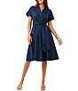 Color:Indigo - Image 1 - Commodore Organic Cotton Notch Lapel Collar Short Roll-Tab Sleeve Belted Wrap Dress