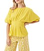 Color:Sunshine State - Image 1 - Gian Cotton Woven Boat Neck Short Puff Dolman Sleeve Pleated Peplum Blouse
