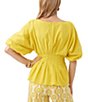 Color:Sunshine State - Image 2 - Gian Cotton Woven Boat Neck Short Puff Dolman Sleeve Pleated Peplum Blouse