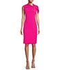Color:Trina Pink - Image 1 - Keshi Stretch Woven Asymmetrical Twist Neck Short Sleeve Midi Sheath Dress