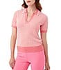 Color:Papillon Pink/White - Image 1 - La Jolla Chain Print Point Collar Split V-Neck Short Sleeve Contrast Trim Polo Sweater