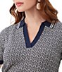 Color:Indigo/Whitewash - Image 4 - La Jolla Chain Print Point Collar Split V-Neck Short Sleeve Contrast Trim Polo Sweater