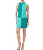Color:Oceano Turquoise - Image 1 - Lucia Crepe Knit Colorblock Checker Pattern Mock Neck Sleeveless Sheath Dress