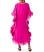 Color:Trina Pink - Image 2 - Neena Boat Neck Dolman Sleeve Feather Trim Maxi Caftan Dress