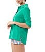 Color:Agave - Image 3 - Portrait Silky Satin Button Down Point Collar Roll Tab Sleeve Side Slit Top
