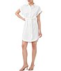 Color:White - Image 1 - Simpatico Organic Cotton Point Collar Short Roll-Tab Sleeves Belted Button Front Shirt Dress
