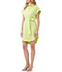 Color:Lime Fizz - Image 3 - Simpatico Organic Cotton Point Collar Short Roll-Tab Sleeves Belted Button Front Shirt Dress