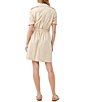 Color:Biscotti - Image 2 - Tasha Stretch Linen Blend Notch Collar Cuffed Short Sleeves Cinched Waist Flap Pocket Button Front Shirt Dress