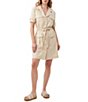 Color:Biscotti - Image 3 - Tasha Stretch Linen Blend Notch Collar Cuffed Short Sleeves Cinched Waist Flap Pocket Button Front Shirt Dress