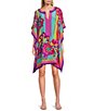 Color:Multi - Image 1 - Theodora Silk Floral Print Split Round Neck Dolman Sleeve Caftan Dress
