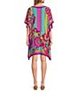 Color:Multi - Image 2 - Theodora Silk Floral Print Split Round Neck Dolman Sleeve Caftan Dress