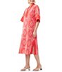 Color:Capri Cora - Image 3 - Villa Embroidered Eyelet Split V-Neck Elbow Sleeve Side Slit Midi Shift Dress