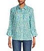 Color:Turquoise - Image 1 - 3/4 Drawstring Sleeve Mini Leopard Print Button Front Shirt