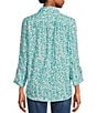 Color:Turquoise - Image 2 - 3/4 Drawstring Sleeve Mini Leopard Print Button Front Shirt