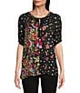 Color:Black - Image 1 - Embroidered Round Neck Short Puff Sleeves Top