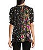 Color:Black - Image 2 - Embroidered Round Neck Short Puff Sleeves Top