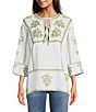 Color:Pearl - Image 1 - Embroidery Round Tie Neck 3/4 Sleeve Tunic