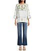 Color:Pearl - Image 3 - Embroidery Round Tie Neck 3/4 Sleeve Tunic