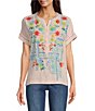 Color:Multi - Image 1 - Floral Embroidered Short Sleeve Henley Top