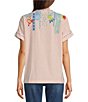 Color:Multi - Image 2 - Floral Embroidered Short Sleeve Henley Top